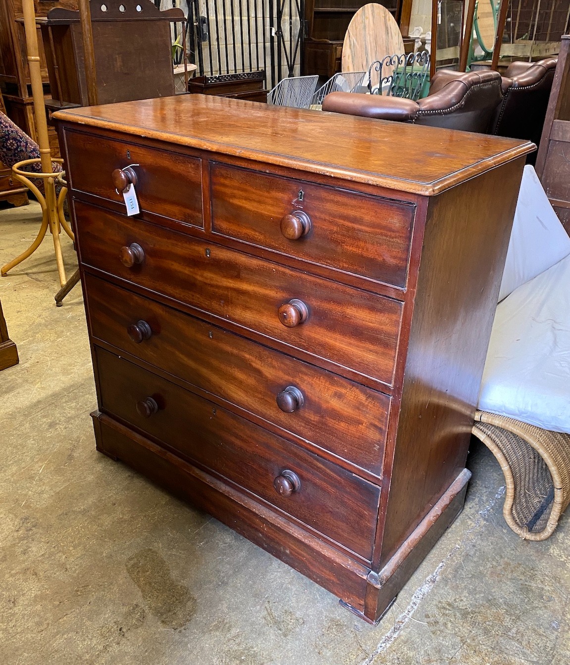 A Victorian mahogany five drawer chest, width 106cm, depth 51cm, height 106cm